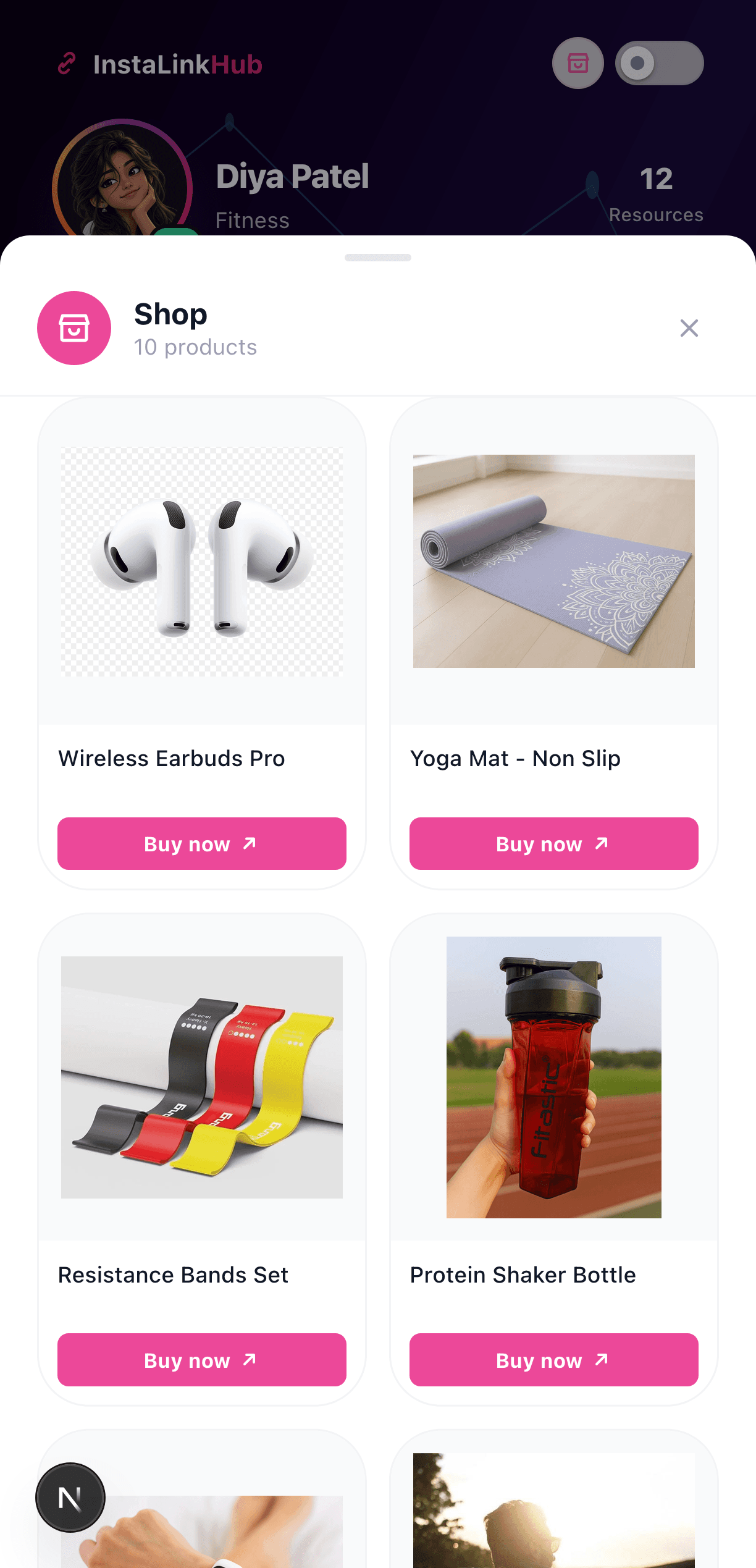 A creator's shop, showing product cards with images and buy buttons